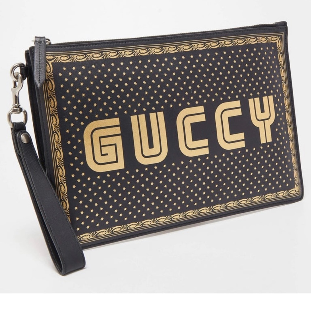 Gucci Black/Gold Leather 'Guccy' Zip Wristlet Clutch, New in Box